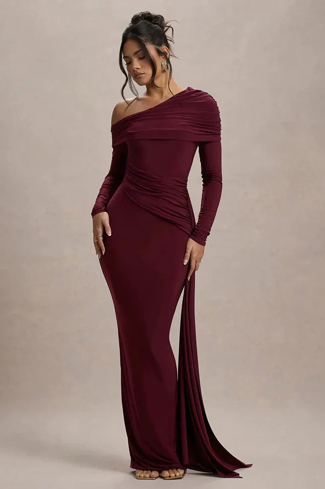 Skew Collar Long Sleeve Backless Bodycon Maxi Dress