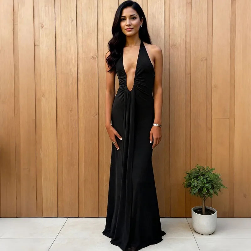 Deep V-Neck High Waist Ribbon Patchwork Maxi Dress