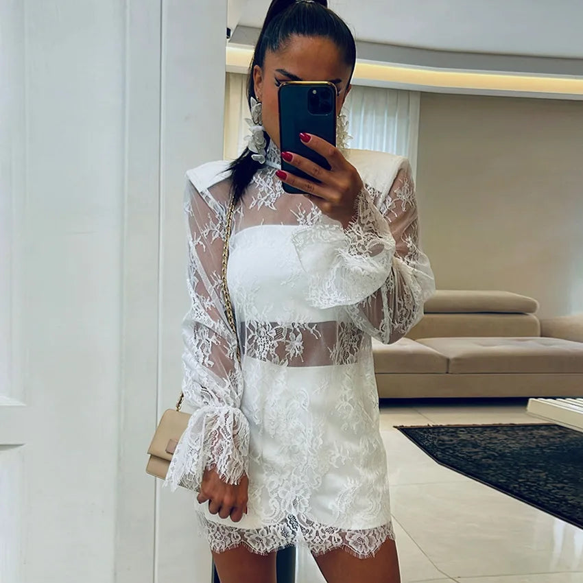 Lace See Through Long Sleeve Loose Mini Dress