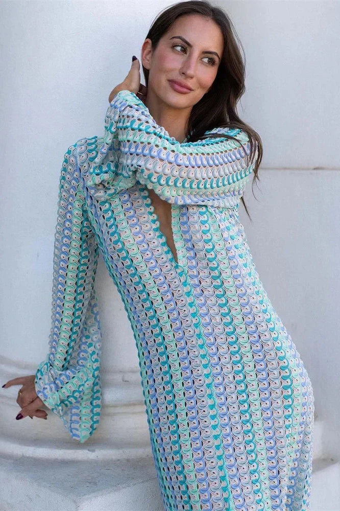 Hollow Out V-Neck Long Sleeve Lace Patchwork Maxi Dress