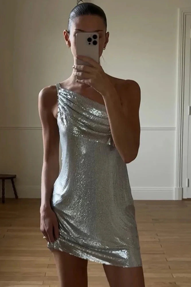 One Shoulder Sleeveless Backless Mini Dress