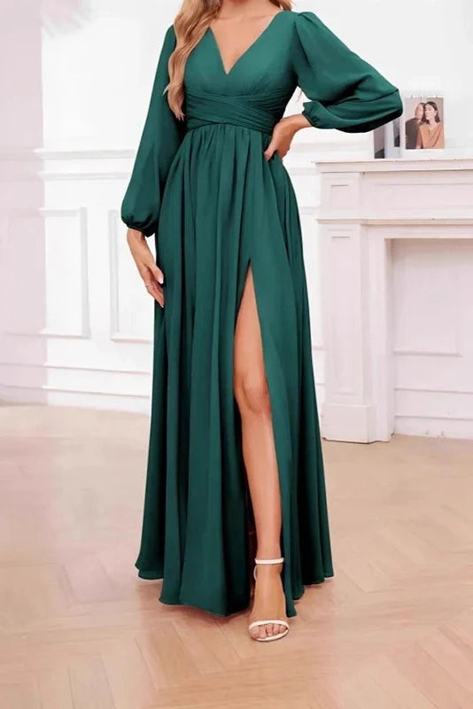 Elegant Long Sleeve Loose V-Neck Split Maxi Dress