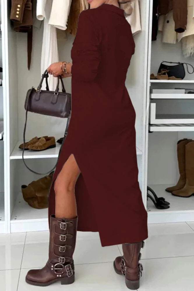 Elegant High Waist Loose A-Line Long Sleeve Midi Dress