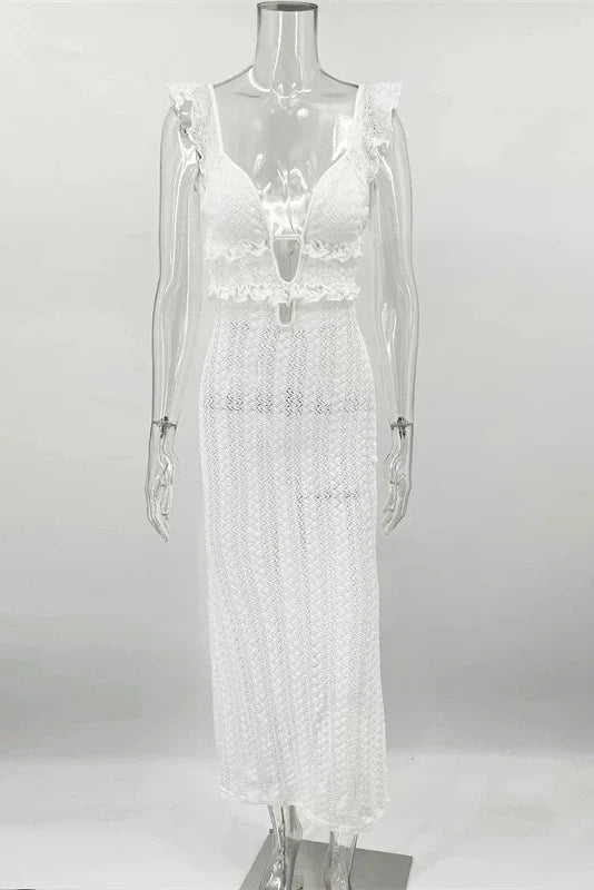 Deep V Neck Sleeveless See Through High Waist Knitted Maxi Dress