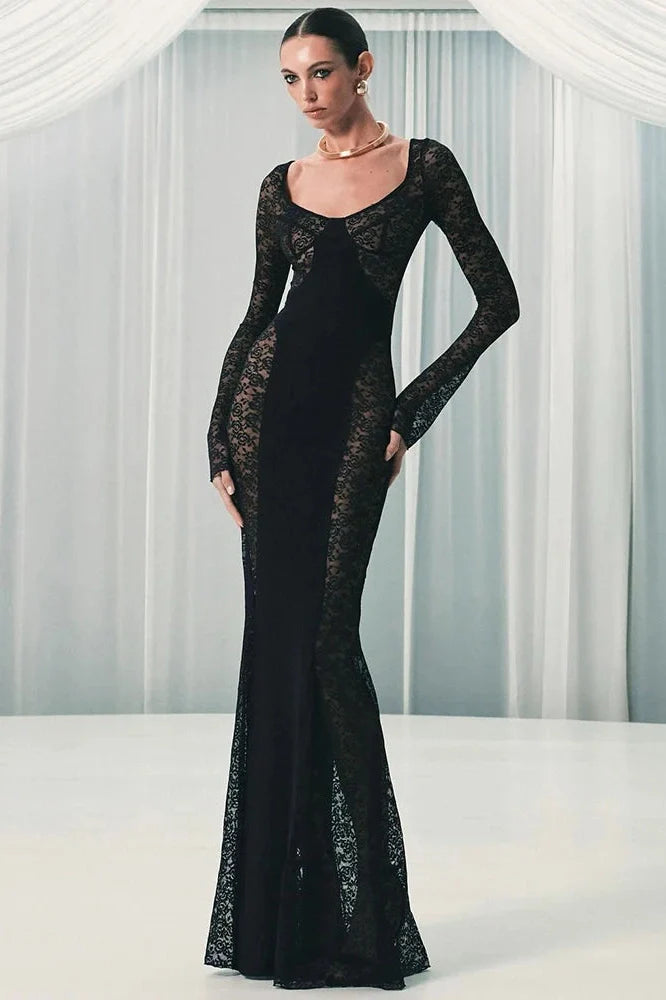 Lace See Through Patchwork V Neck Long Sleeve Bodycon Maxi Dress