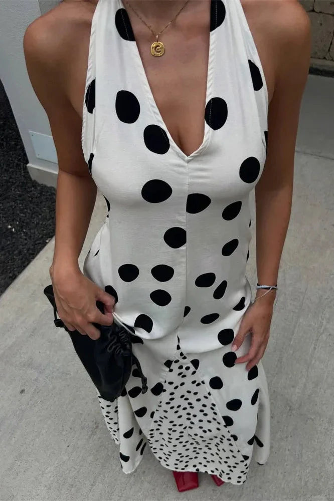 V-Neck Lace-Up Slim Backless Patchwork Maxi Dress