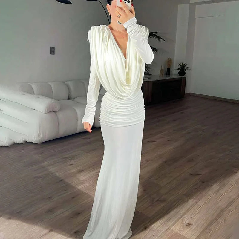 Deep V-Neck See-Through Long Sleeve Maxi Dress