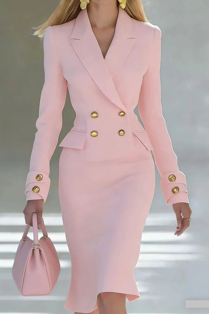 Elegant Long Sleeve V-Neck High Waist Slim Midi Dress