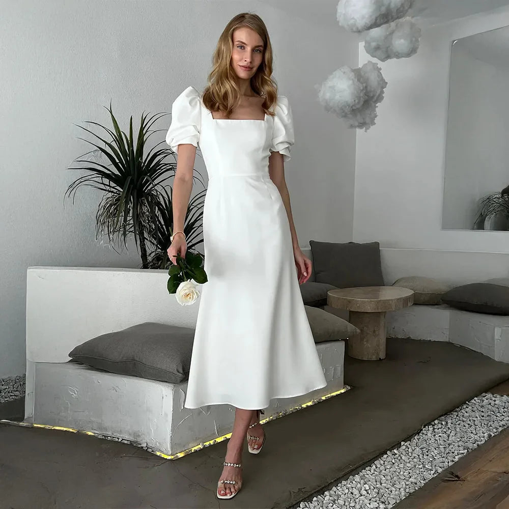 Square Collar Slim Short Sleeve High Waist Midi Dress