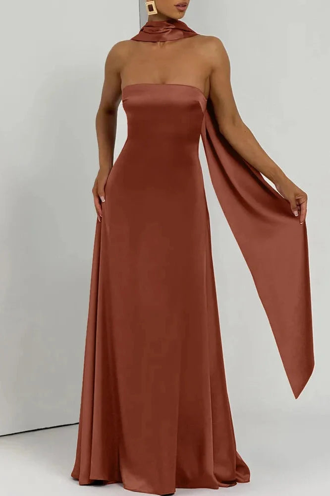 Off-Shoulder Strapless Scarf Collar Sleeveless Backless Bodycon Maxi Dress
