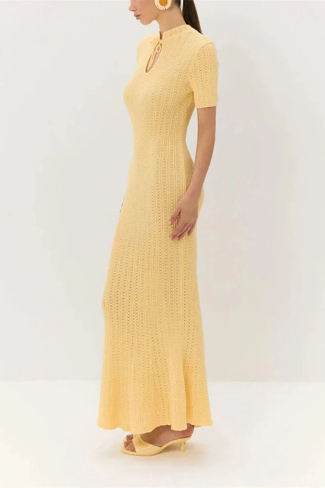 Hollow Out Lace-Up Short Sleeve Patchwork High Waist Maxi Dress