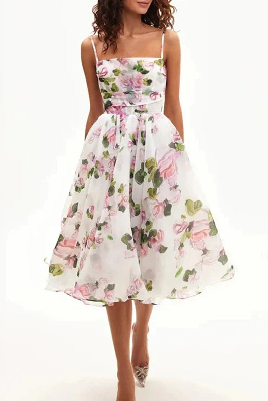 Slash Neck Printed Sleeveless High Waist Pleated Midi Dress