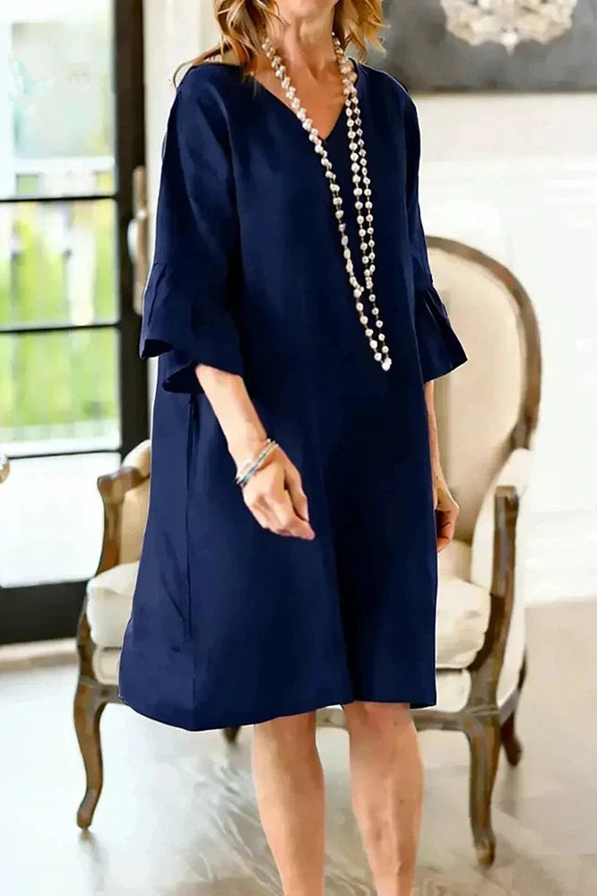 Half Sleeve V-Neck Loose Pleated A-Line Mini Dress