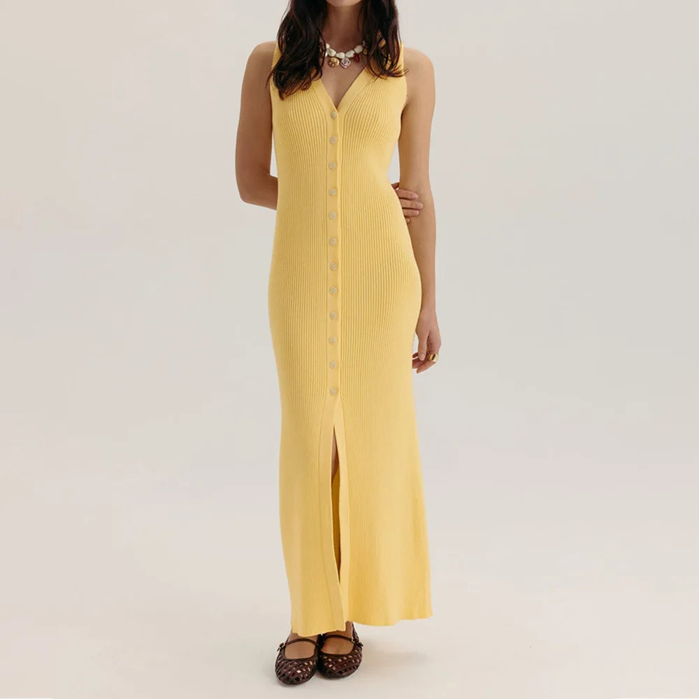 V-Neck Knitted Sleeveless Slim Maxi Dress