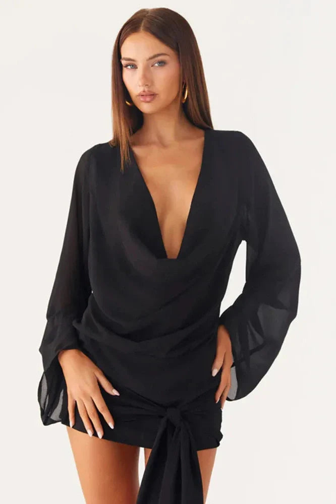 Tie Dye Print Long Sleeve Deep V Neck Mini Dress