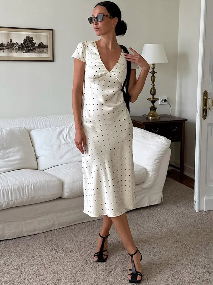 Printed Short Sleeve V Neck High Waist Midi Dress