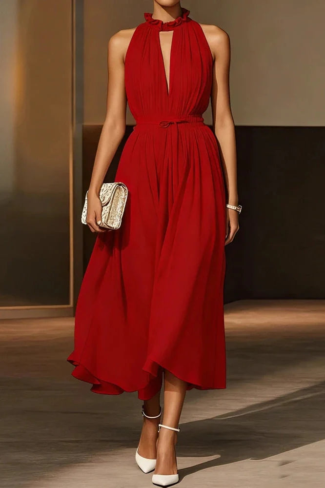 Elegant Off-Shoulder Sleeveless High Waist Backless Pleated Midi Dress