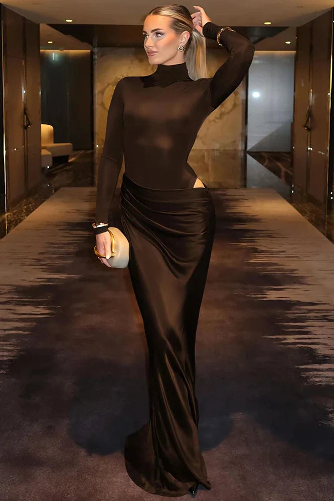 Hollow Out Long Sleeve Turtleneck Bodycon Maxi Dress