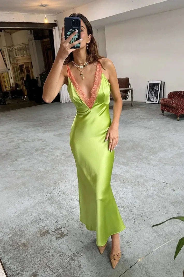 Elegant Lace V-Neck Slim Straps Maxi Dress
