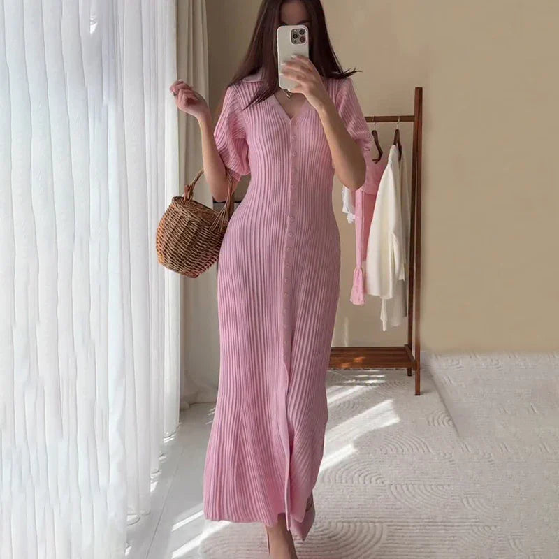 V-Neck Single Breasted High Waist Maxi Dress