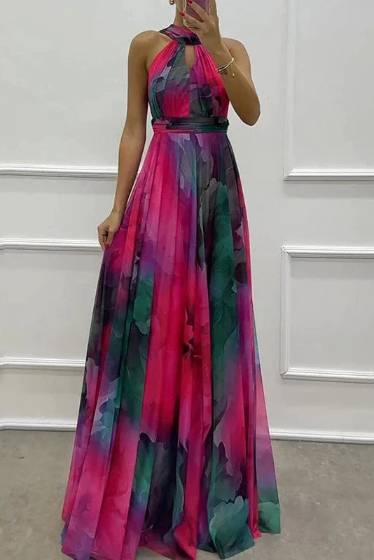 Hollow Out Printed Sleeveless High Waist Maxi Dress