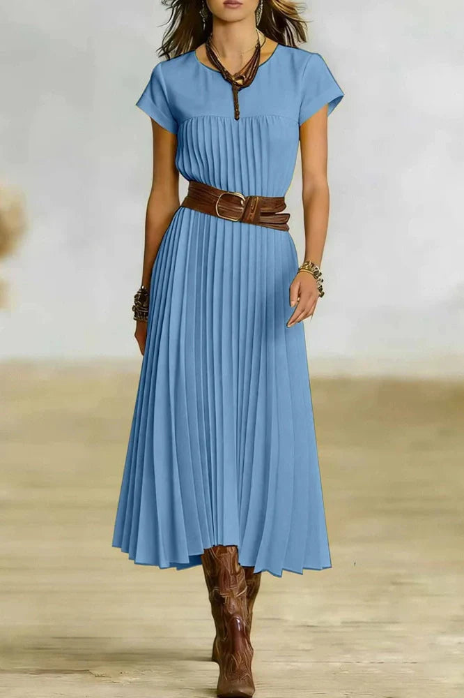 O-Neck Short Sleeve Pleated Loose High Waist Midi Dress