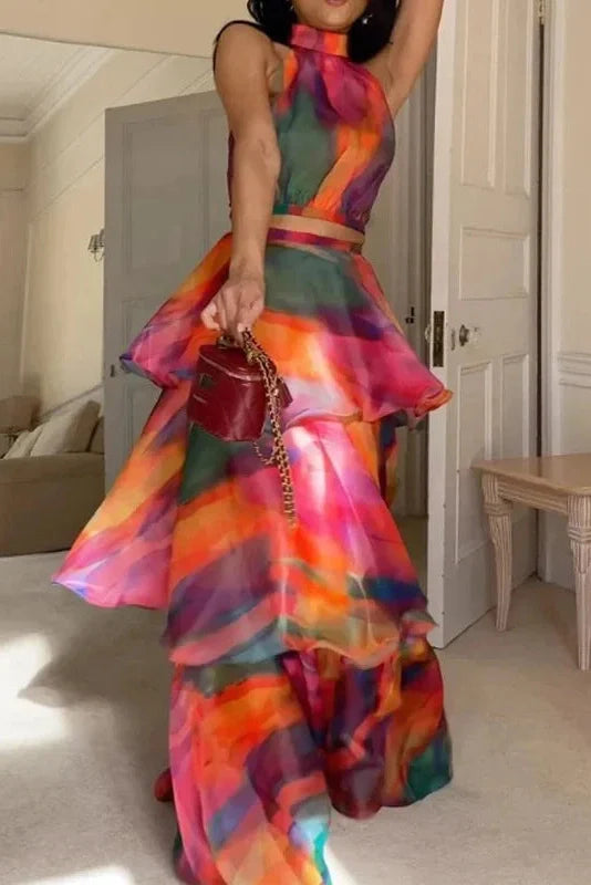 Elegant Slim Printed Sleeveless High Waist Maxi Dress