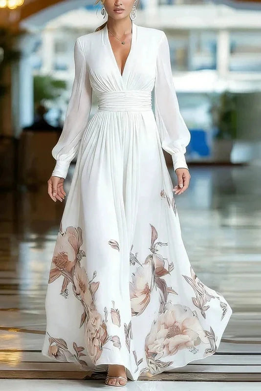 Floral Print High Waist V-Neck Long Sleeve Pleated Maxi Dress