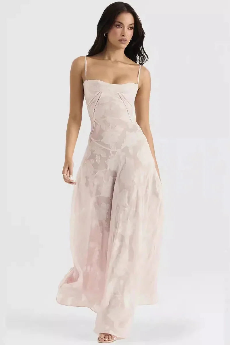 Elegant Print Spaghetti Strap Sleeveless Backless Maxi Dress