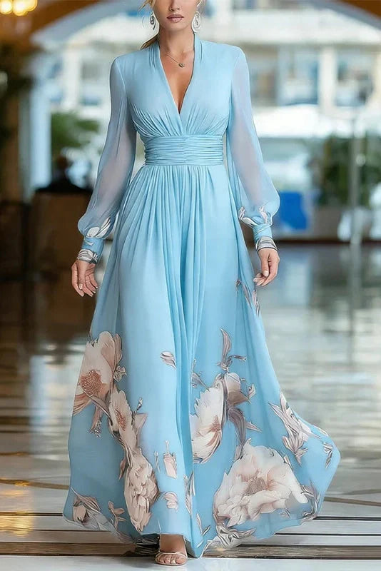 Floral Print High Waist V-Neck Long Sleeve Pleated Maxi Dress