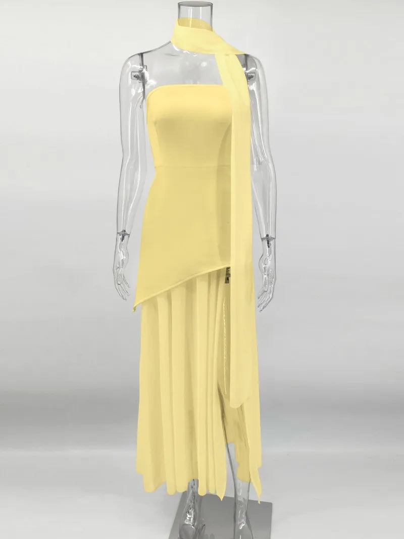 Elegant Strapless Scarf Ribbon Patchwork Maxi Dress