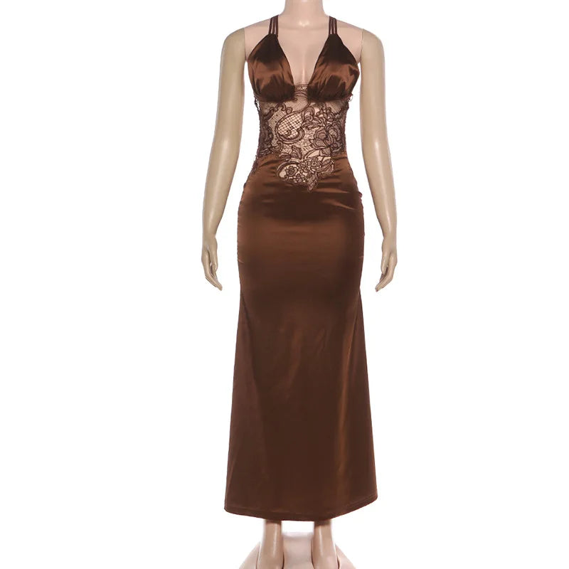 V Neck Backless Slim Lace Maxi Dress