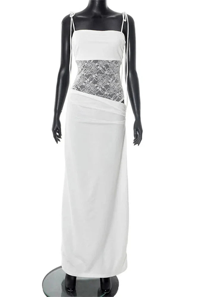Lace Printed Backless Slim High Waist Patchwork Maxi Dress