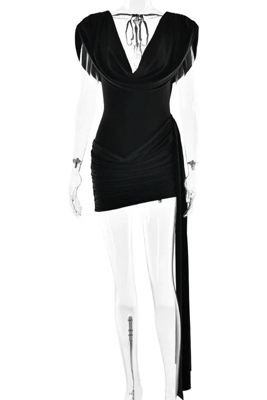 Elegant Deep V-Neck Pleated Slim High Waist Mini Dress