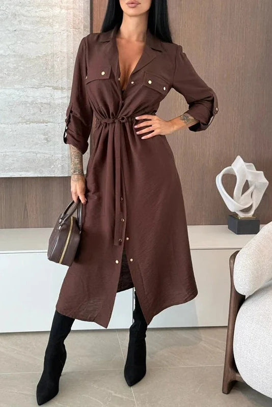 Elegant Single Breasted Lace Up High Waist Midi Dress