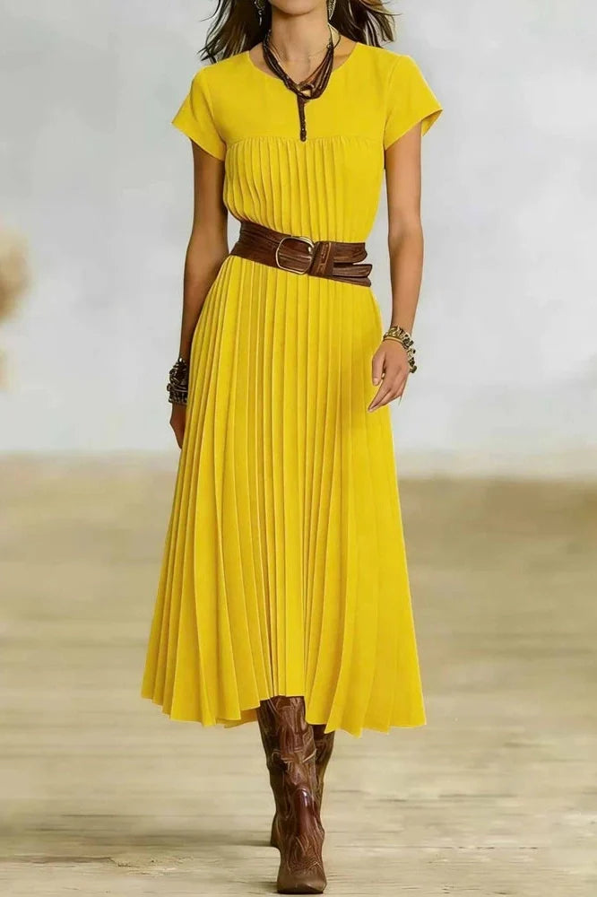 O-Neck Short Sleeve Pleated Loose High Waist Midi Dress