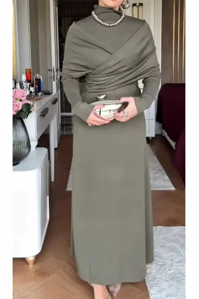 Elegant High Waist Long Sleeve Slim Pleated Irregular Maxi Dress