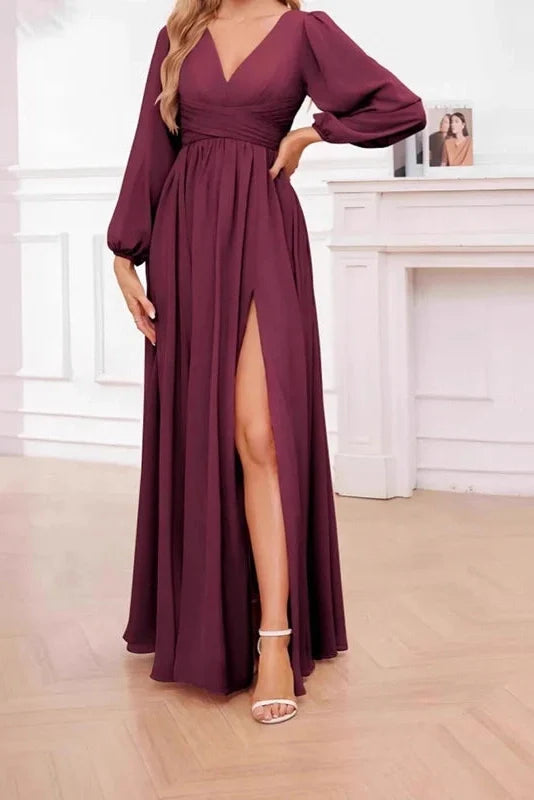 Elegant Long Sleeve Loose V-Neck Split Maxi Dress