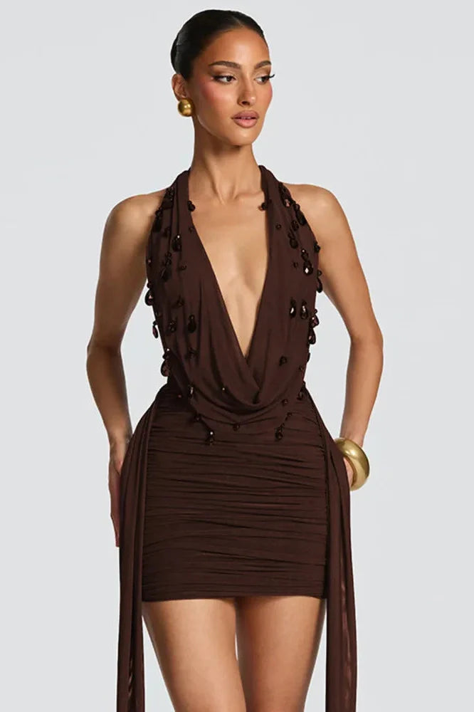 Deep V Neck Backless Off-Shoulder Mini Dress