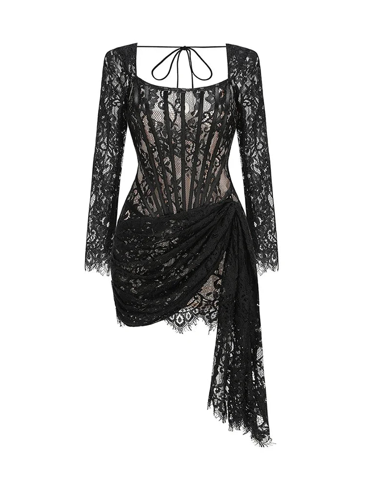 Lace See-Through Bodycon Irregular Mini Dress
