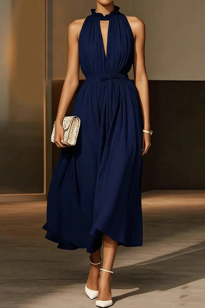 Elegant Off-Shoulder Sleeveless High Waist Backless Pleated Midi Dress
