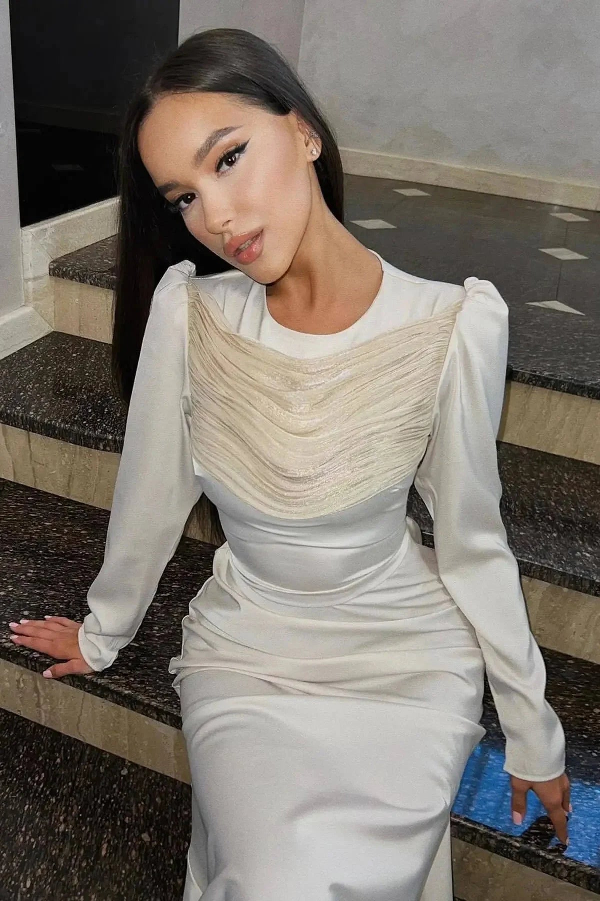 O-Neck Long Sleeve High Waist Maxi Dress