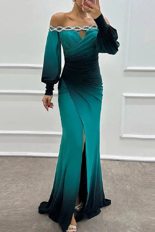 Off Shoulder Patchwork High Waist Pleated Slim Sleeves Maxi Dress