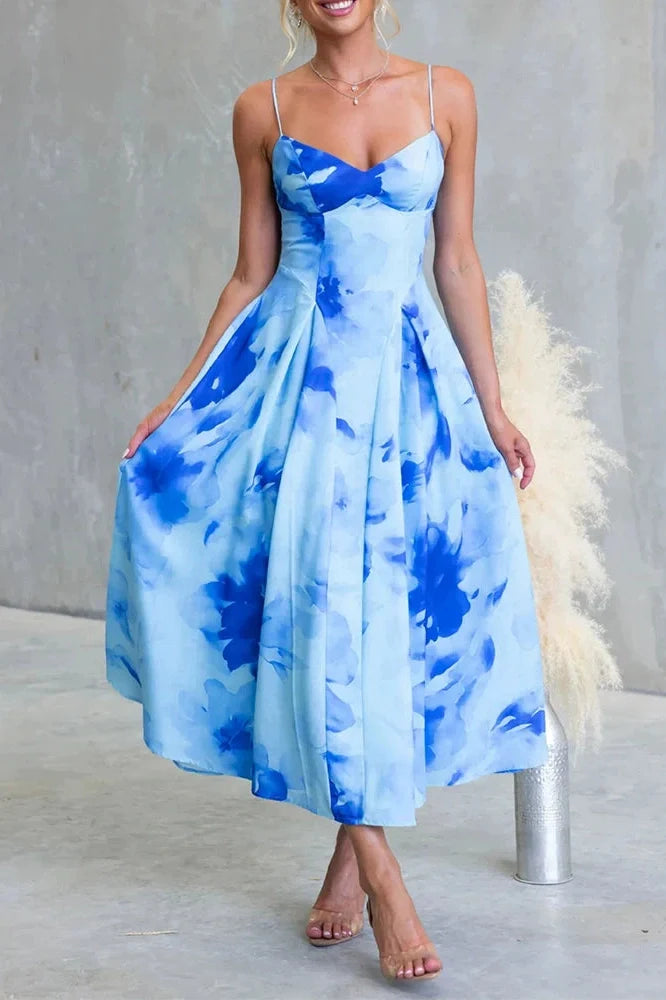 Floral Printed High Waist Sleeveless Pleated Midi Dress
