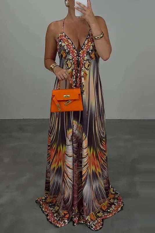 Printed High Waist V-Neck Backless Sleeveless Loose Maxi Dress