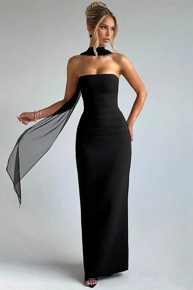 Scarf Collar Strapless Off-Shoulder Backless Bodycon Maxi Dress