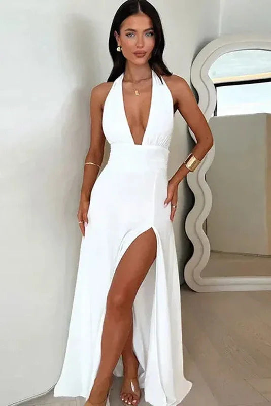Elegant Backless Lace Up High Waist Split Maxi Dress