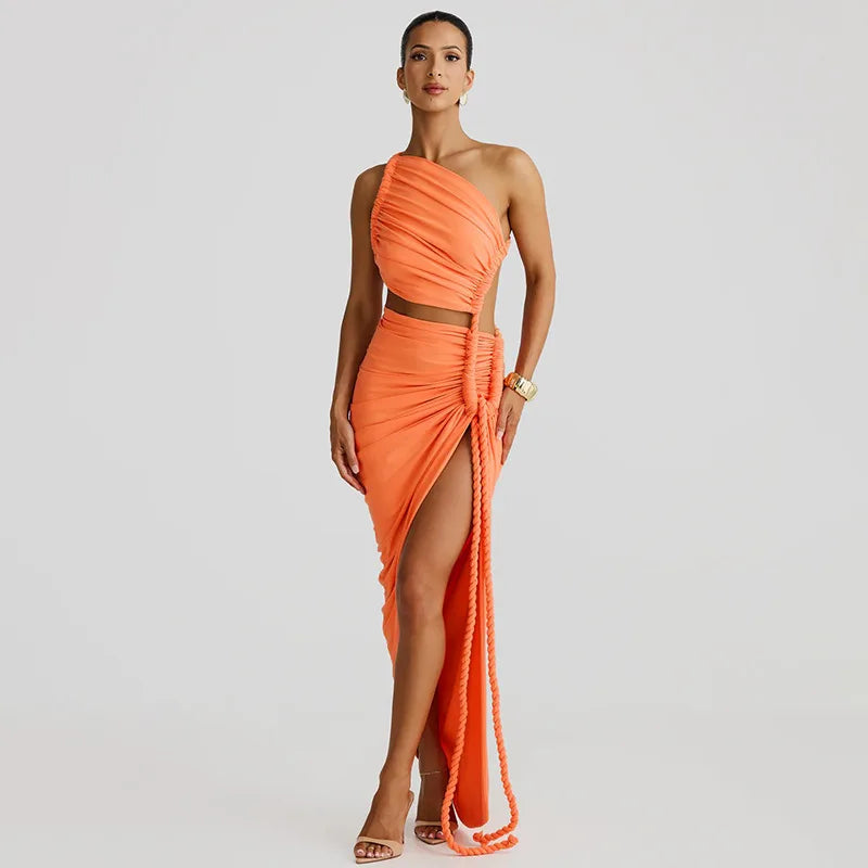 One-Shoulder Strap Backless High Split Maxi Dress