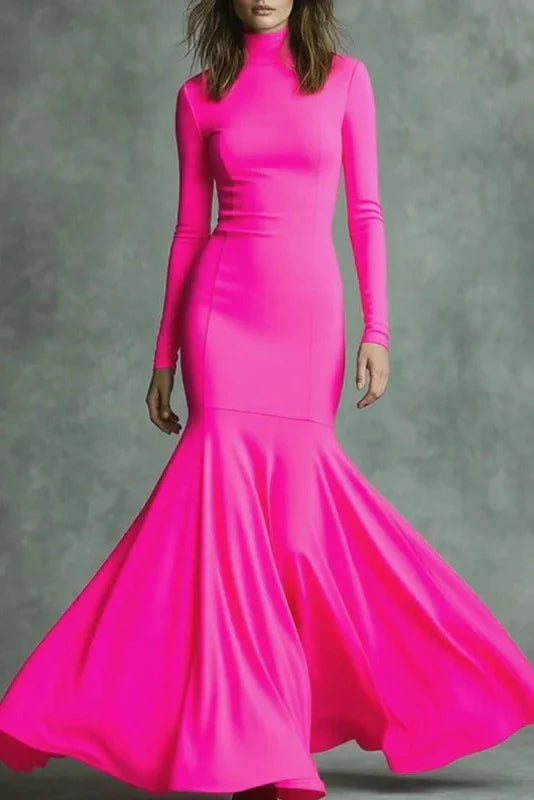 Elegant Slim High Waist Turtleneck Long Sleeve Maxi Dress