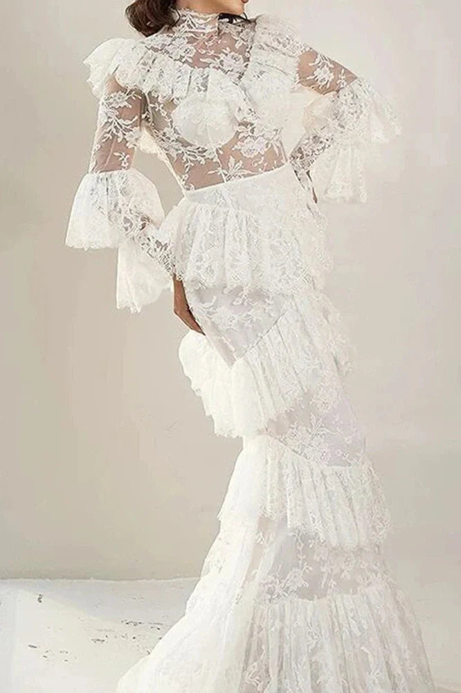 Long Sleeve Lace Embroidery High Waist Maxi Dress